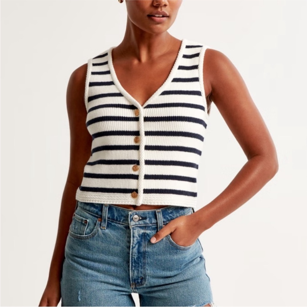 NWT Abercrombie & Fitch‎ Sweater Vest Navy White Striped Knit Button Up XL